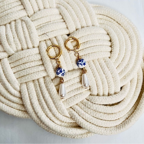 Anthropologie Jewelry - Anthropologie Blue Porcelain Pearl Drop Earrings – Gold Hoop Coastal Chic